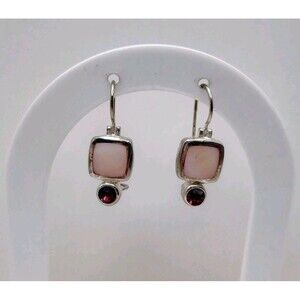 Vintage 925 Silver Pink Square Mother of Pearl With Pink Gemstone Dangle Earring